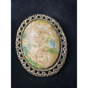 Antique‎ Victorian Brooch Pin Hand Painted Stone Pink Roses Flora Oval Estate